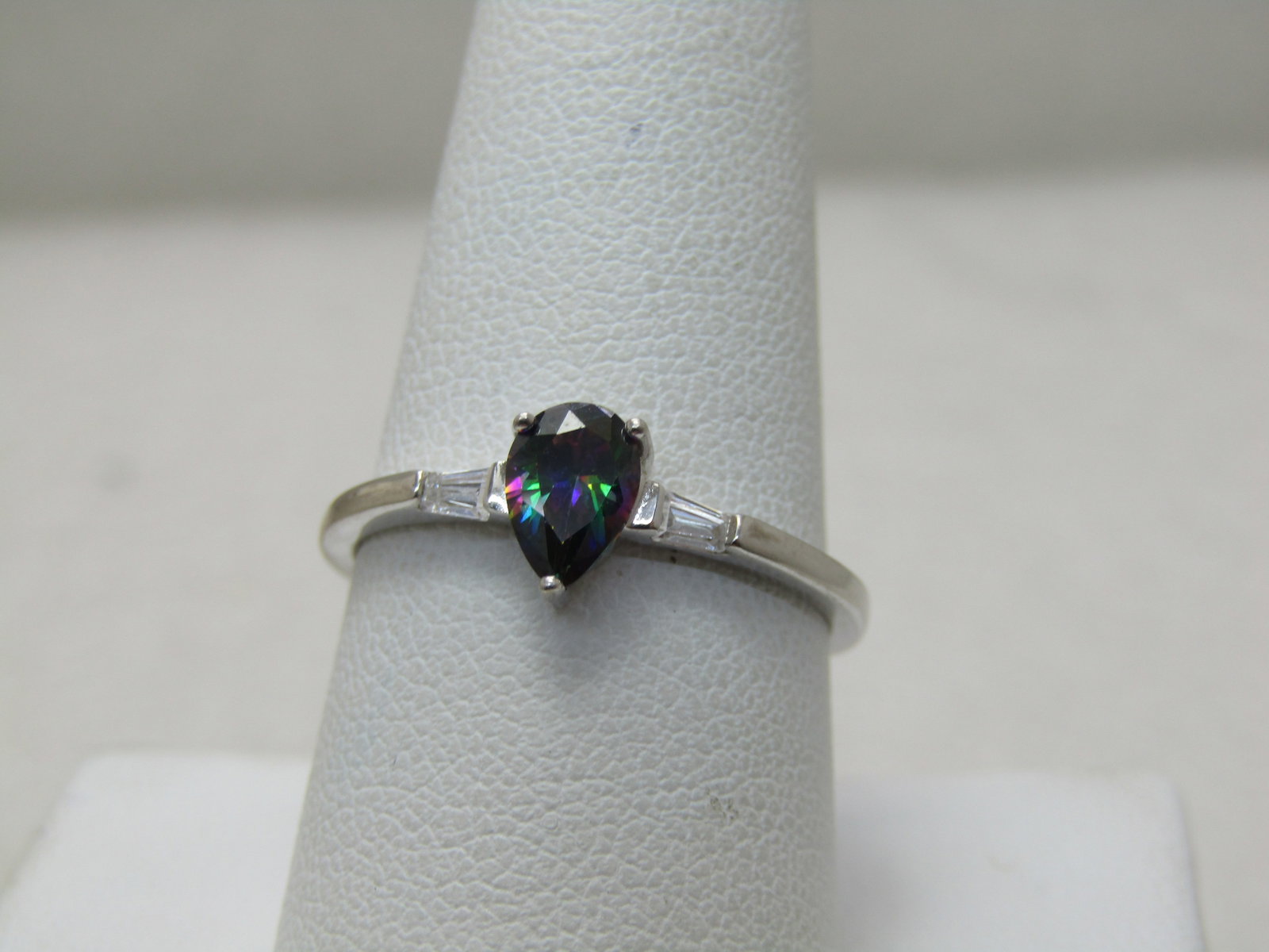 Sterling Silver Created Mystic Topaz CZ Ring, Sz. 9.5: Title: Sterling Silver Created Mystic Topaz CZ Ring, Sz. 9.5 Description: Sterling Silver Created Mystic Topaz CZ Ring, 1980'S-1990'S. Sz. 9.5. Pear-shaped created mystic topaz that is appx. 7,, by 4.