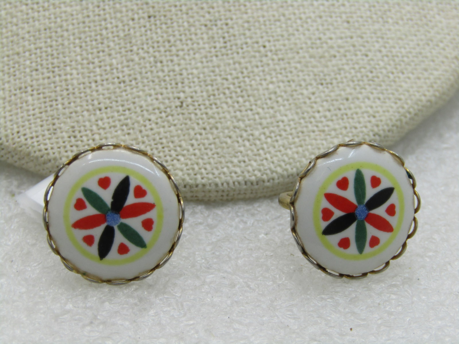 Vintage Hex Sign Earrings, Screw Back, 1960's-1970's, Round (1 of 4)