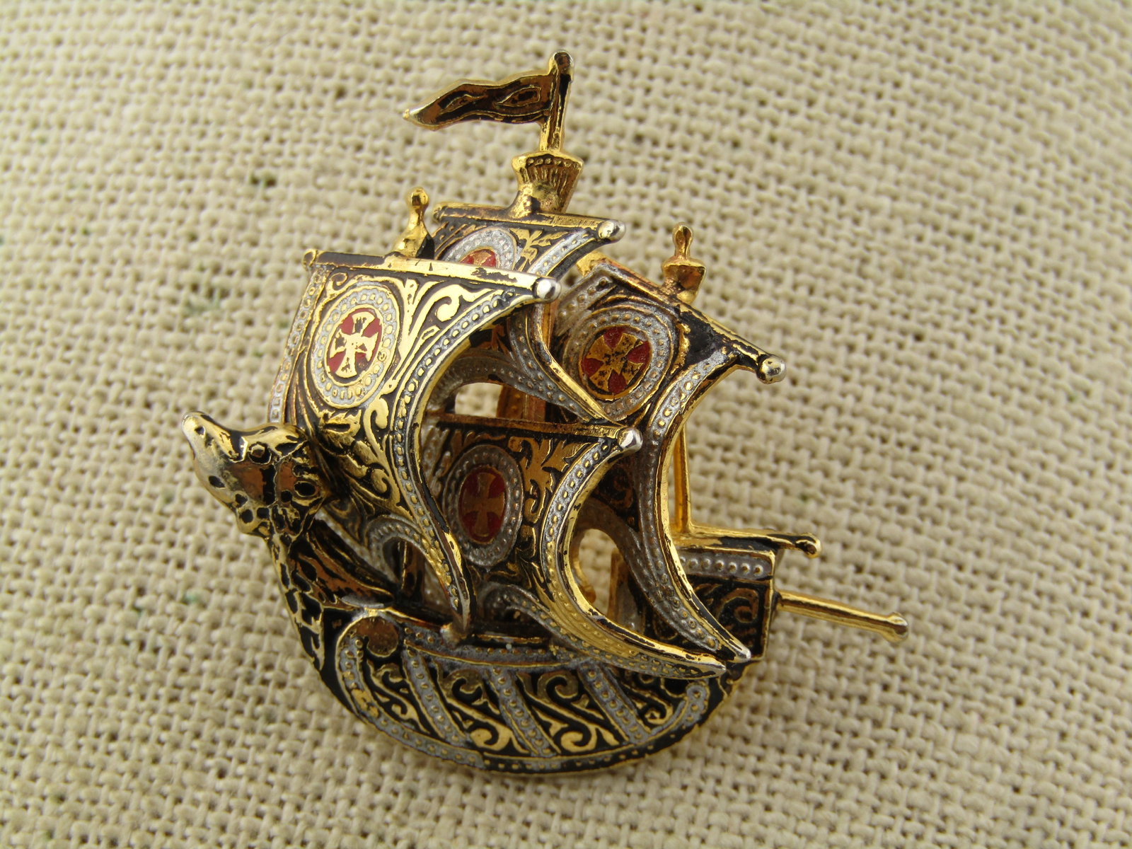 Vintage Damascene Dragon Ship, Spain, 1960's-1970's: Title: Vintage Damascene Dragon Ship, Spain, 1960's-1970's Description: Vintage Damascene Dragon Ship, Spain, 1960's-1970's. Gold tone ship with This is gold, silver, red, and black detailed enameling