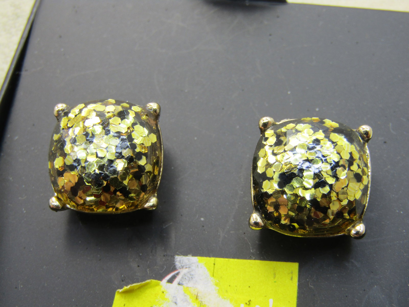 Vintage Black & Gold Glitter Stud Earrings, Pierced, in Original Box - 5