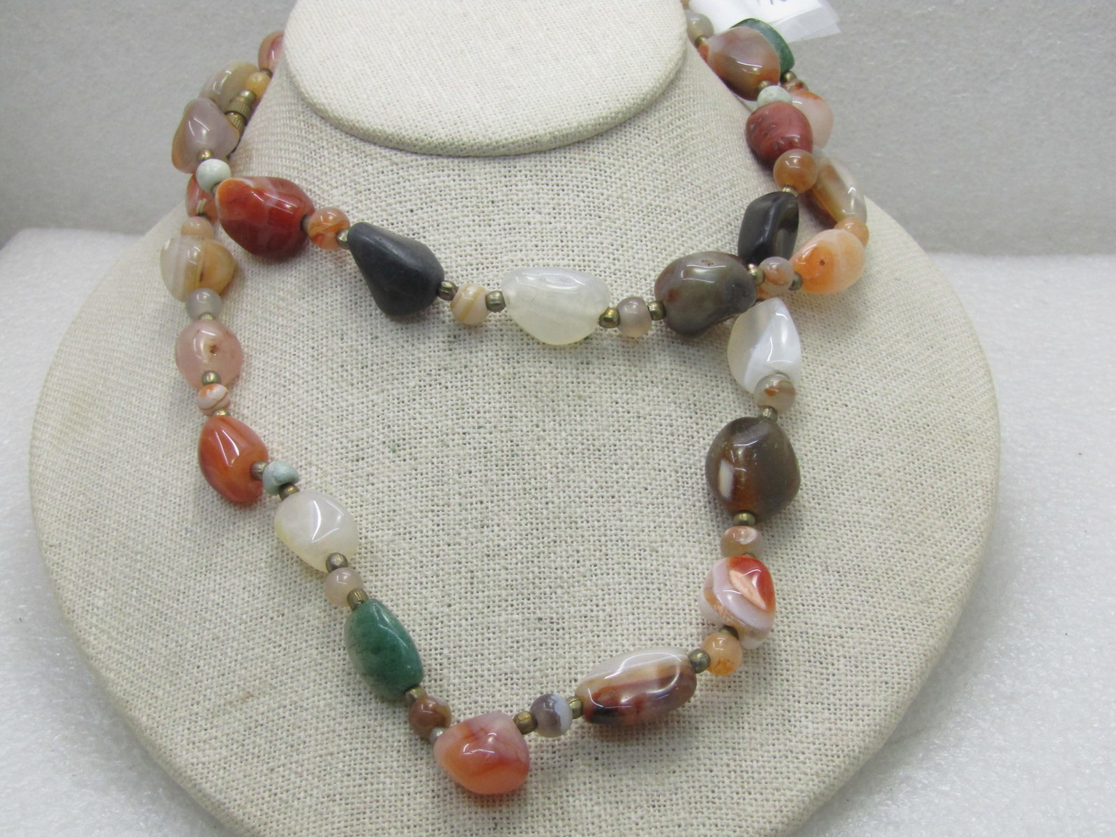 Vintage 34" Natural Hardstone Necklace: Title: Vintage 34" Natural Hardstone Necklace Description: Vintage 34" Hardstone Slipover Necklace with a mix of quartz, agate, and natural stones with gold accent beads between the stones. The