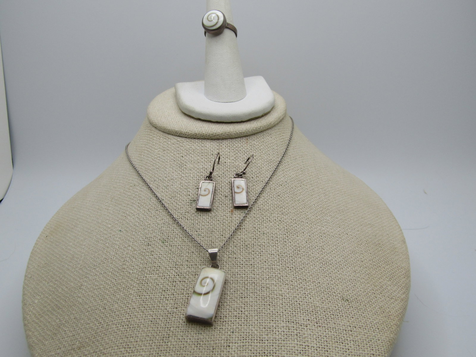 Vintage Swirled Glass Necklace, Earrings, Ring Set, 19", Sz. 5.5, Pierced (1 of 9)