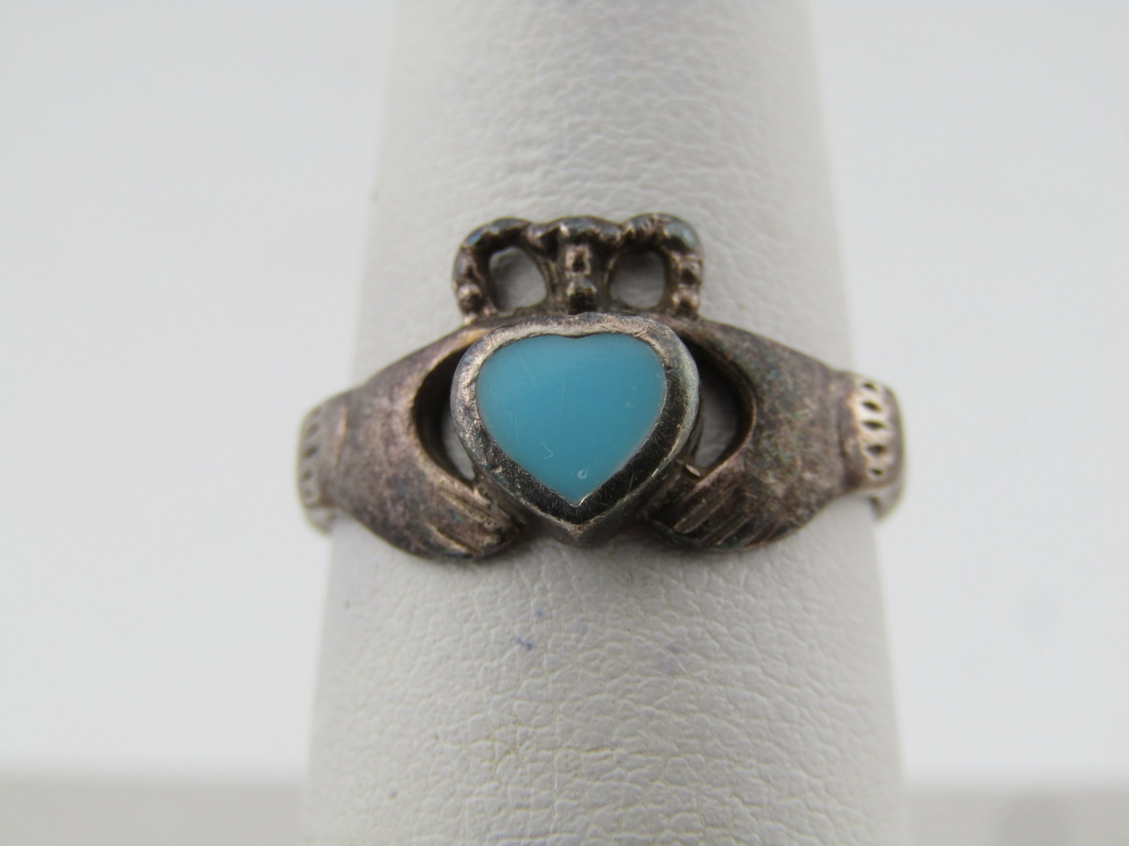 Vintage Sterling Claddagh Ring, Turquoise Glass Inlaid Heart, Sz. 6, 1960's-1970's (1 of 6)