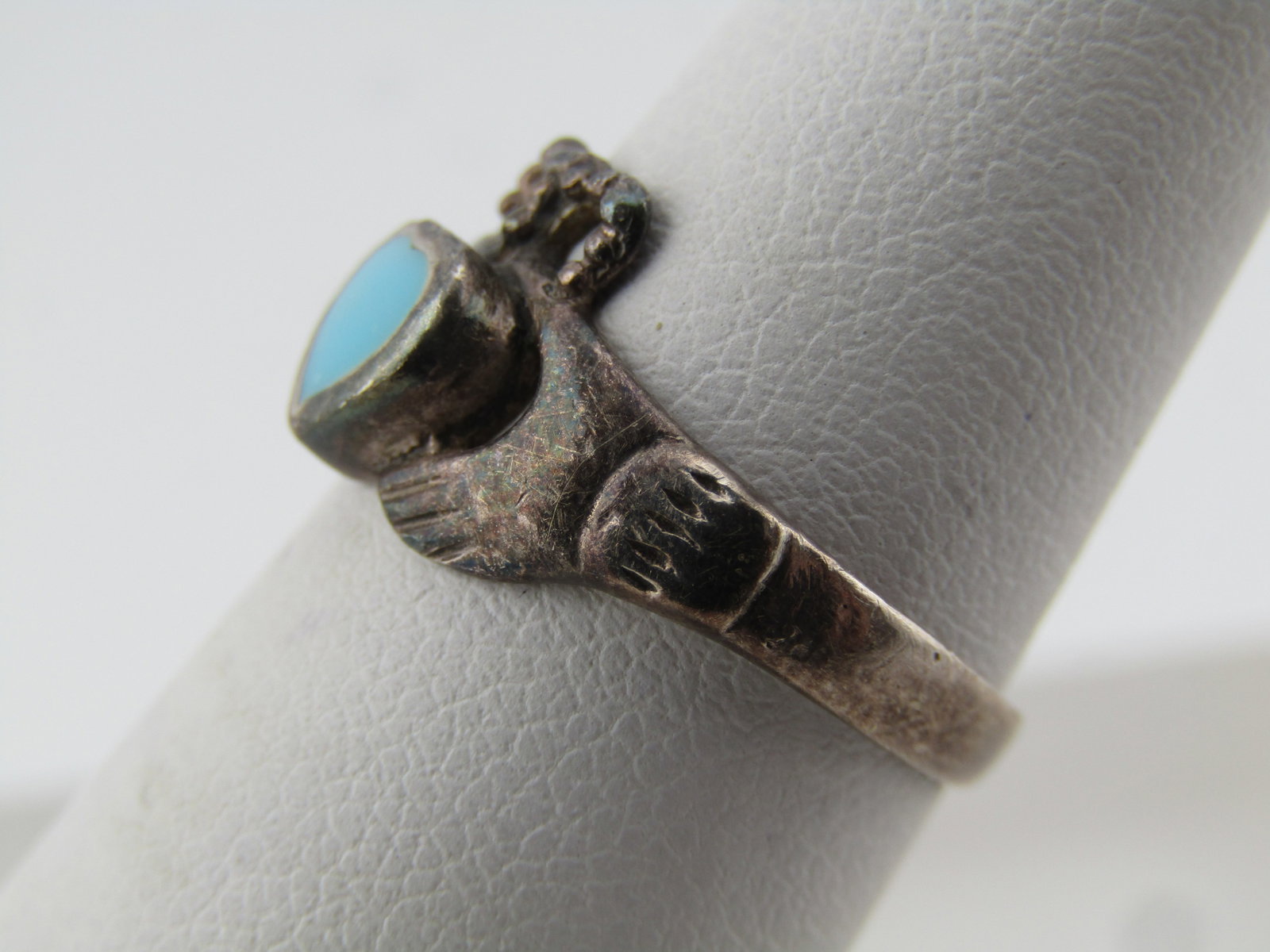 Vintage Sterling Claddagh Ring, Turquoise Glass Inlaid Heart, Sz. 6, 1960's-1970's - 2