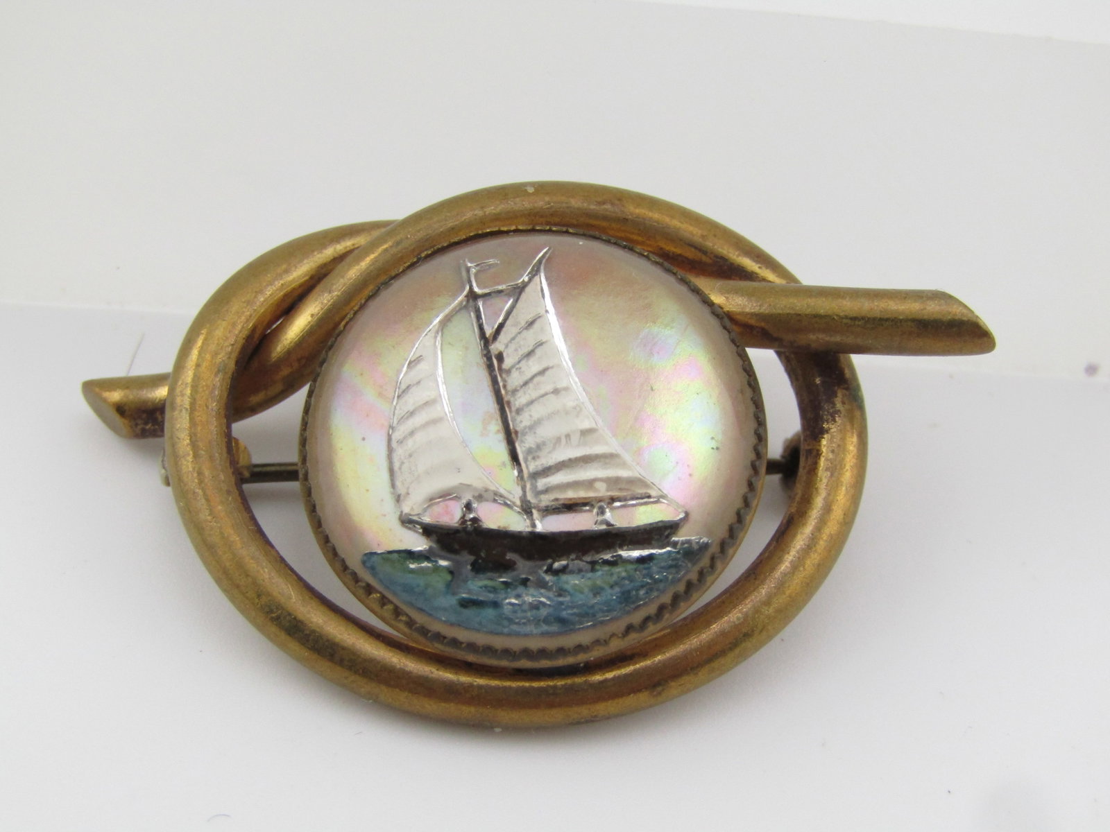 Vintage Reverse Cut/Enameled Sailboat Brooch, Nautical Knot Frame, 1930's (1 of 5)