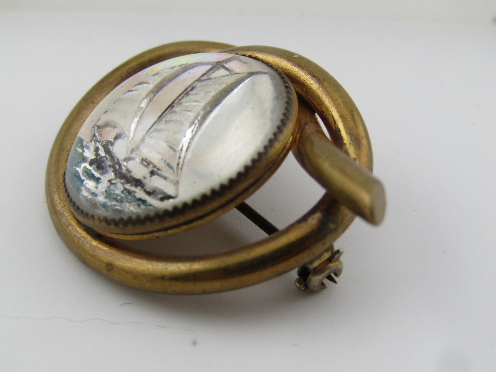 Vintage Reverse Cut/Enameled Sailboat Brooch, Nautical Knot Frame, 1930's - 2