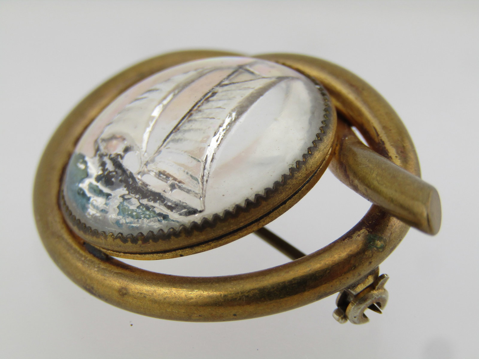 Vintage Reverse Cut/Enameled Sailboat Brooch, Nautical Knot Frame, 1930's - 5