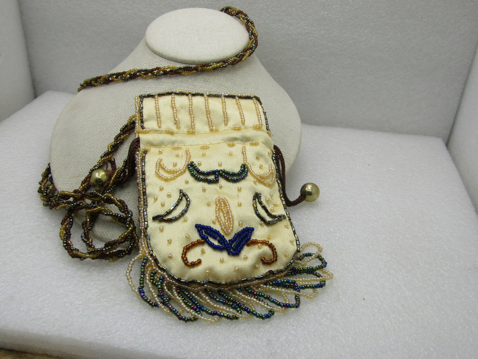 Vintage Seed Bead Silk Hippie Pouch Purse, Long Strap, 44" Boho (1 of 7)