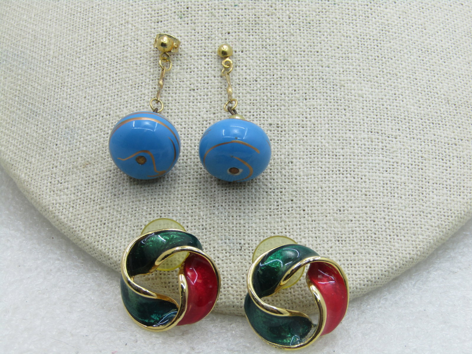 Vintage 2 Pr. Blue Drop & Red Green Earrings - 2