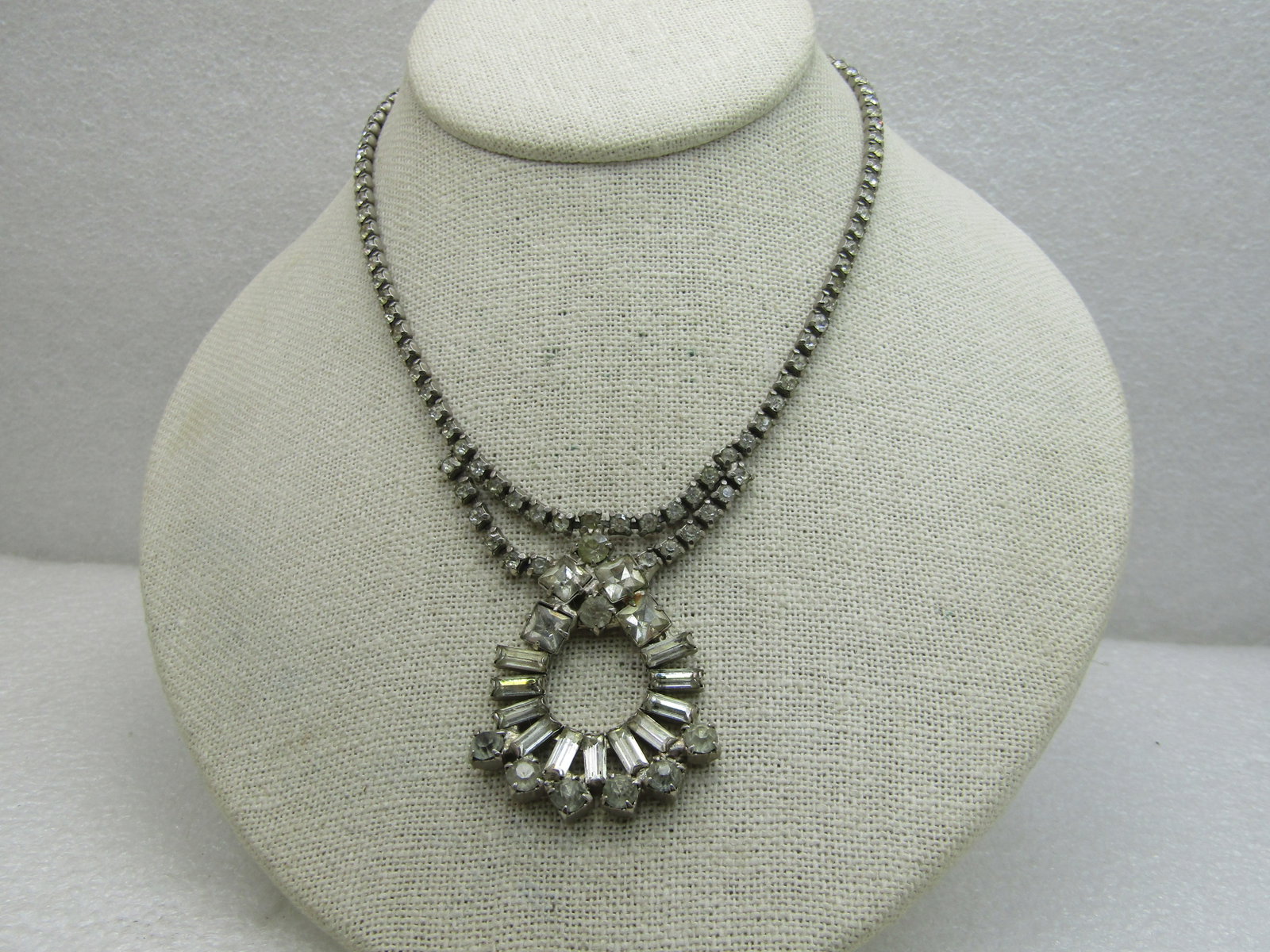 Vintage Art Deco Rhinetone Bib Necklace, 15", Silver Tone - 2