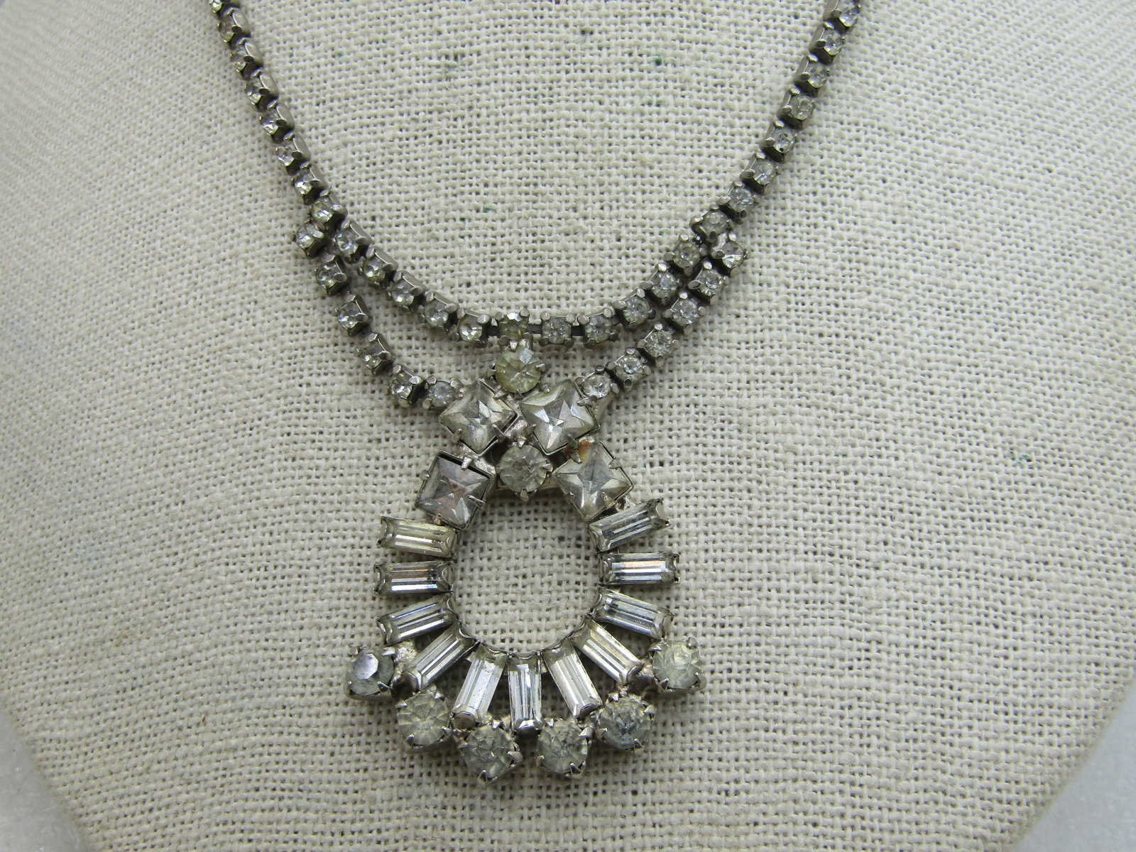 Vintage Art Deco Rhinetone Bib Necklace, 15", Silver Tone - 4