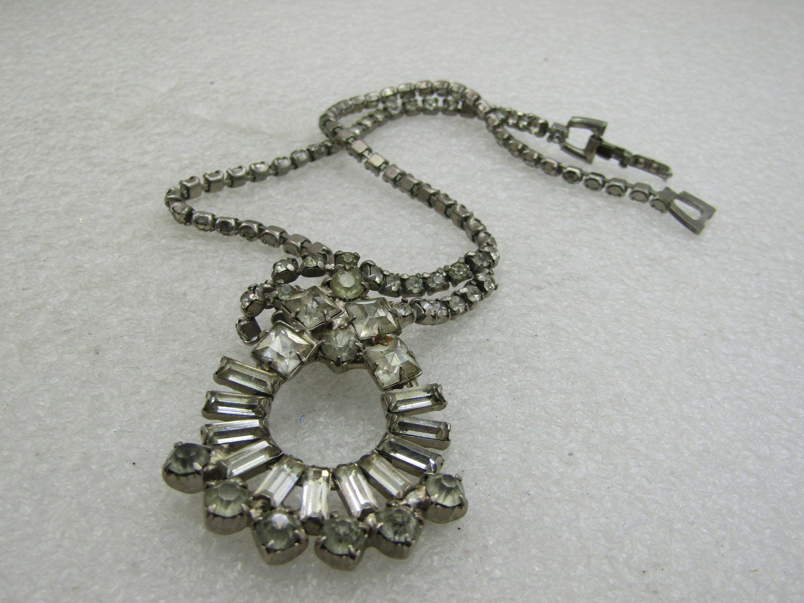 Vintage Art Deco Rhinetone Bib Necklace, 15", Silver Tone - 6