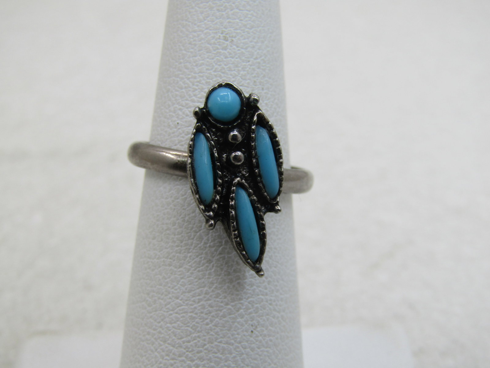 Vintage Southwestern Faux Turquoise Ring, Adj. Sz. 5-7, Silver Tone, 1970's - 2