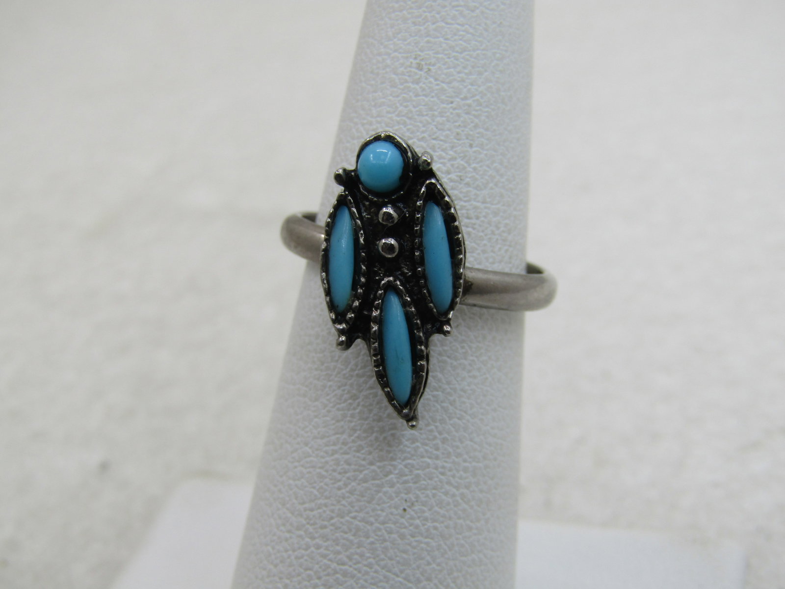 Vintage Southwestern Faux Turquoise Ring, Adj. Sz. 5-7, Silver Tone, 1970's - 3