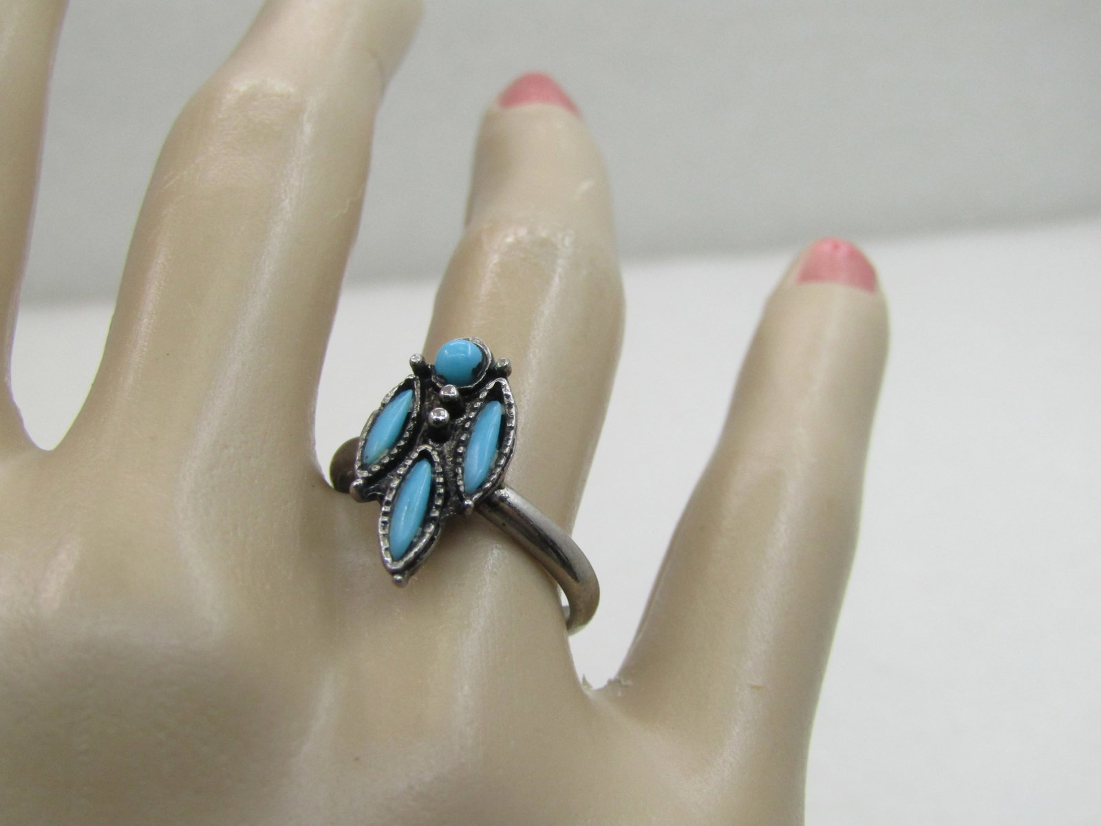 Vintage Southwestern Faux Turquoise Ring, Adj. Sz. 5-7, Silver Tone, 1970's - 5