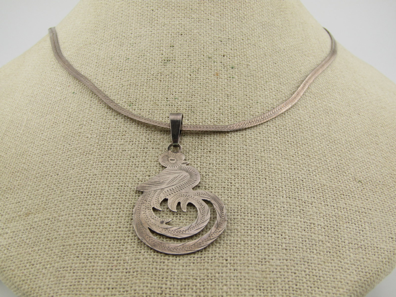 Vintage Sterling Mexican Quetzal Bird Pendant on 20" Herringbone Chain, 1970's-1980's - 2