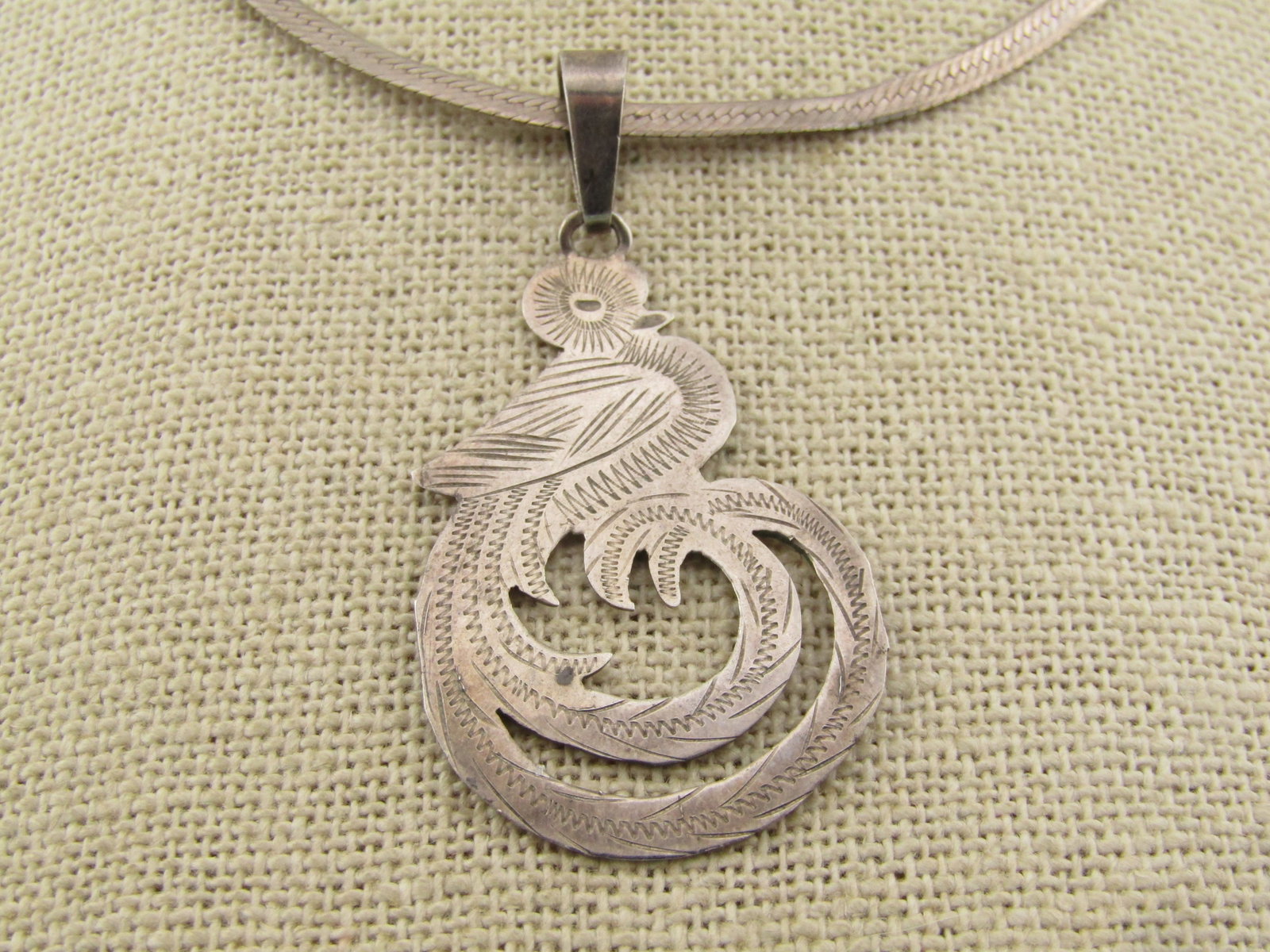 Vintage Sterling Mexican Quetzal Bird Pendant on 20" Herringbone Chain, 1970's-1980's - 3