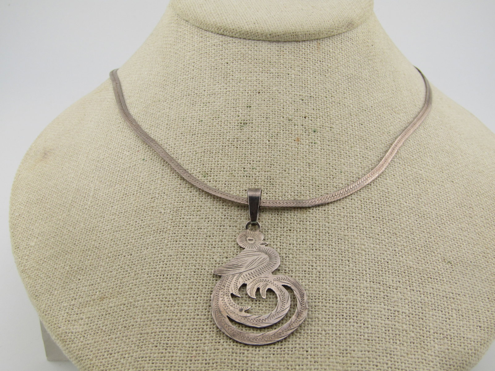 Vintage Sterling Mexican Quetzal Bird Pendant on 20" Herringbone Chain, 1970's-1980's - 4