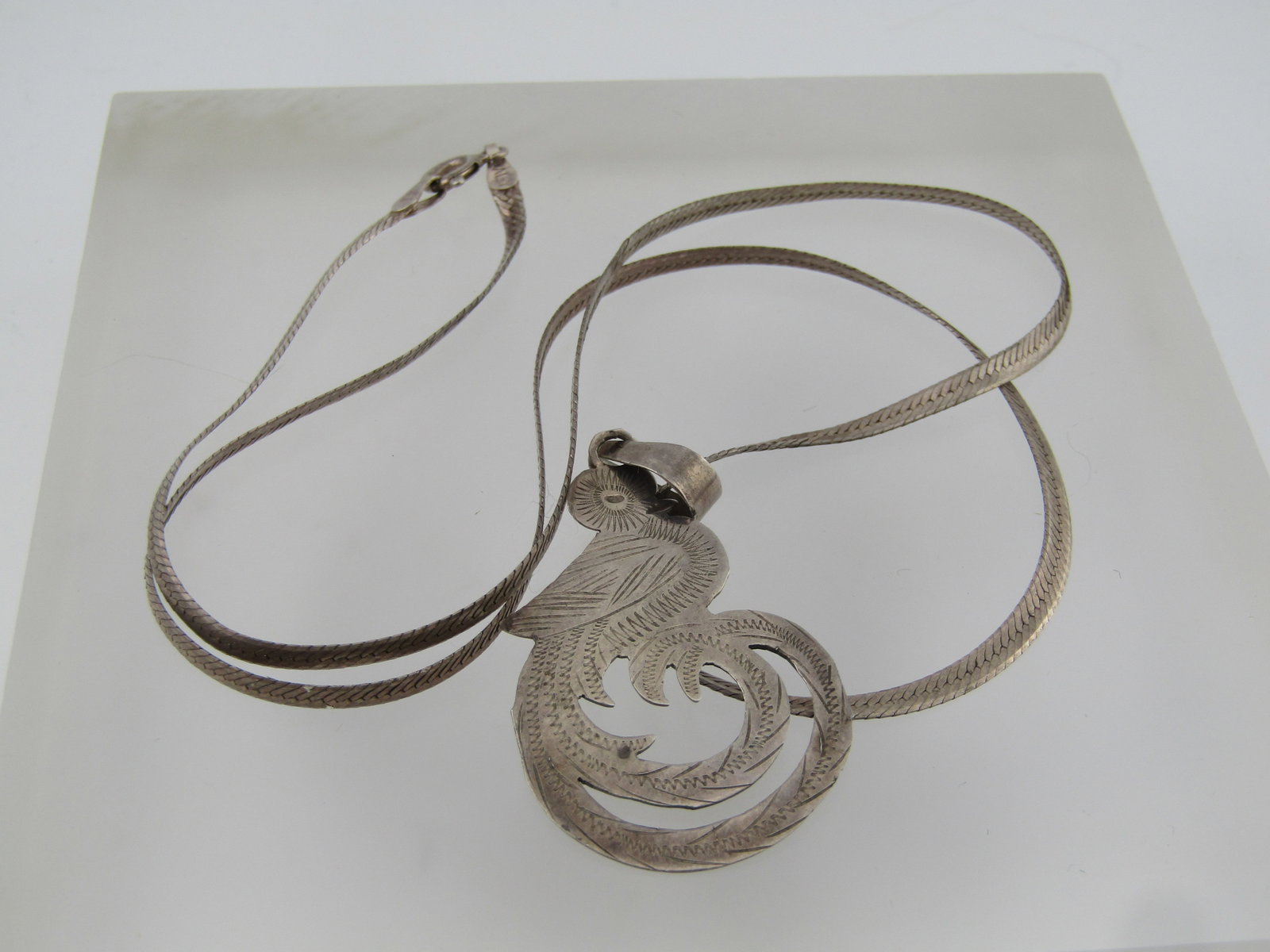 Vintage Sterling Mexican Quetzal Bird Pendant on 20" Herringbone Chain, 1970's-1980's - 5