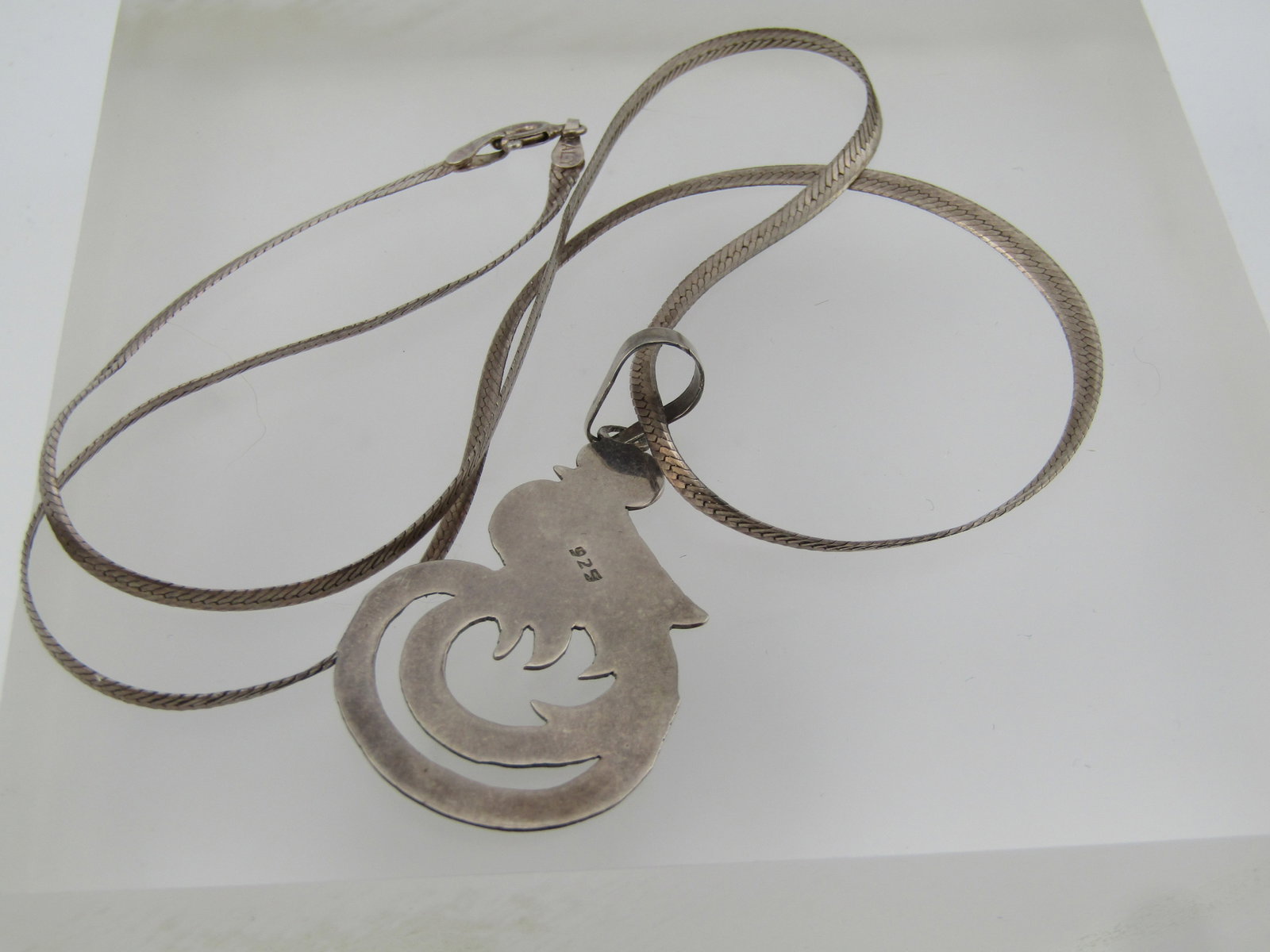 Vintage Sterling Mexican Quetzal Bird Pendant on 20" Herringbone Chain, 1970's-1980's - 7