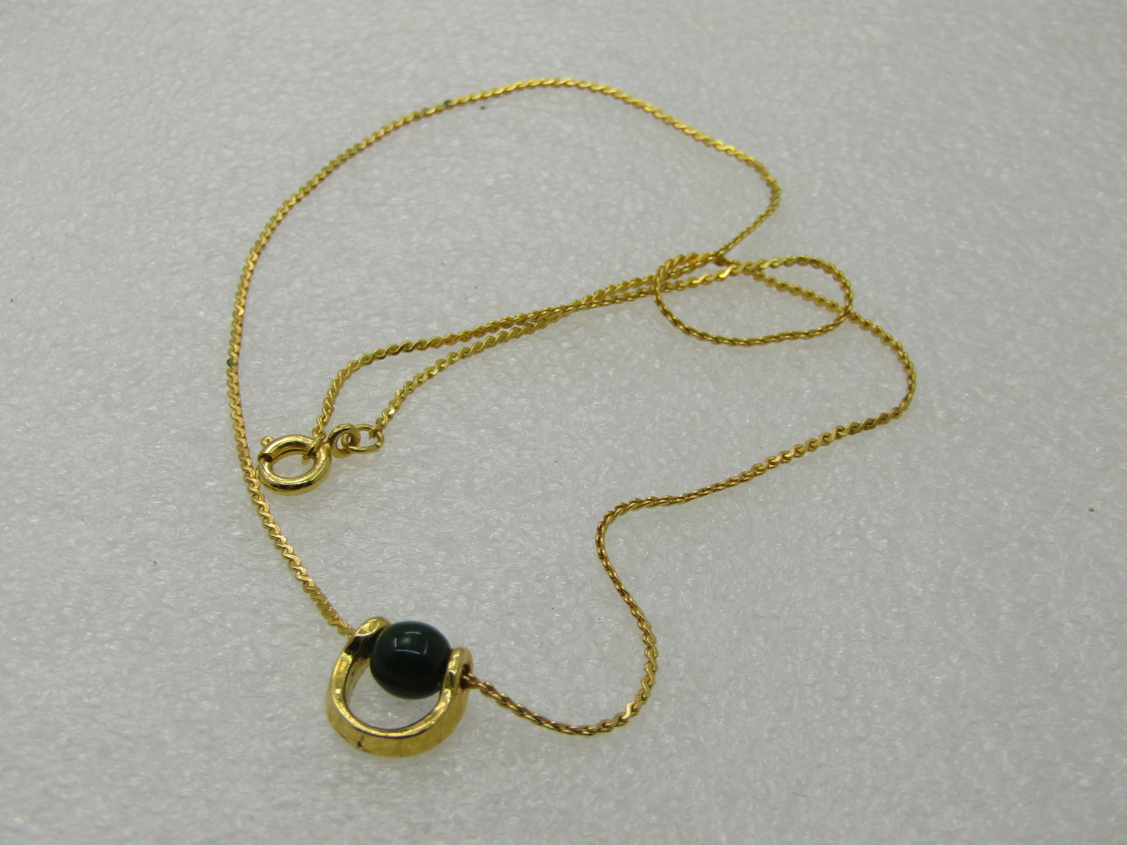 Vintage Green Beaded Pendant Necklace, 15", Gold Tone, 1970's-1980's NL - 4