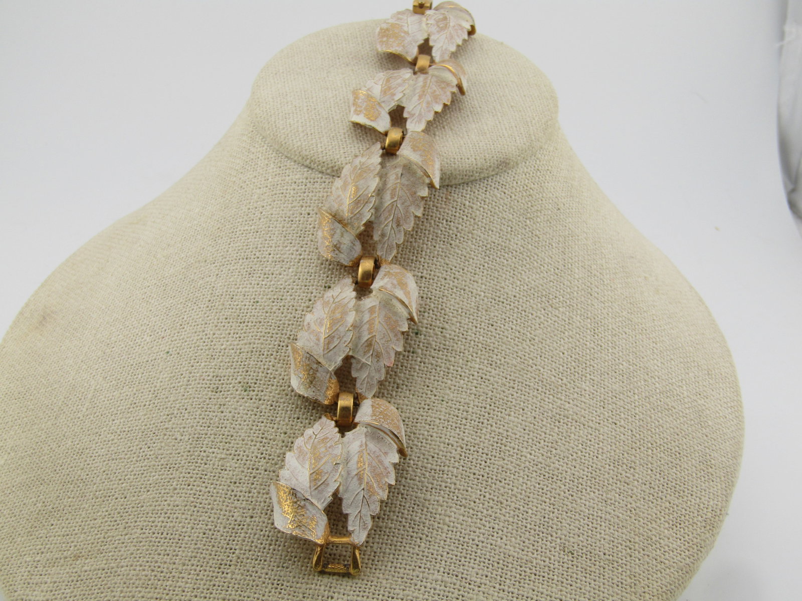 Vintage White Enameled Double Leaf Bracelet, 7", 1960's (1 of 5)