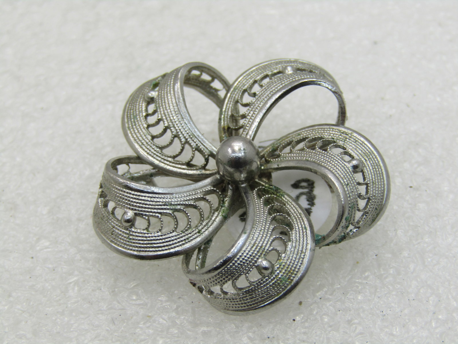 Vintage Western Germany Filigree Blossom Brooch, Mid-Century: Title: Vintage Western Germany Filigree Blossom Brooch, Mid-Century Description: Vintage Western Germany Filigree Blossom Brooch, Mid-Century, 1-3/8" across with five curved and bent filigree petals