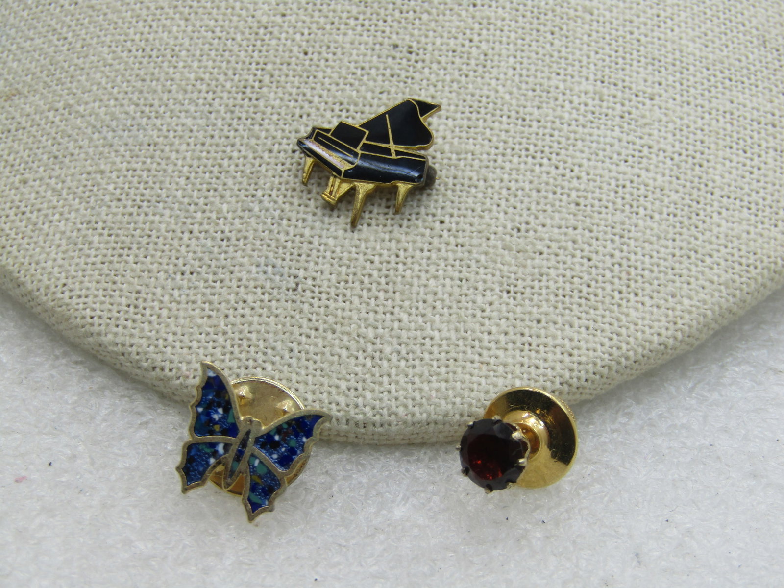 3 Pins/Tacs, Inlaid Butterfly, Piano, Red Stud, Gold Tone, 1960's-1980's (1 of 7)