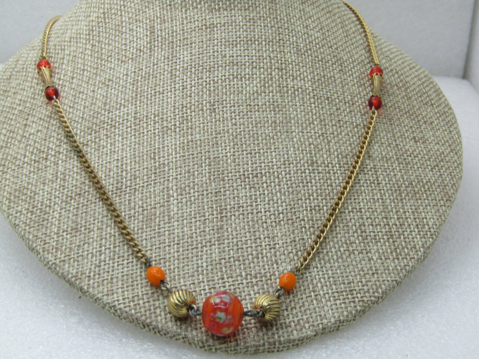 Vintage Orange Venetian Glass Beaded Necklace, Curb Chain, 20", 1960's NL: Title: Vintage Orange Venetian Glass Beaded Necklace, Curb Chain, 20", 1960's NL Description: Vintage Orange Venetian Glass Beaded Necklace, Curb Chain, 20", 1960's. 10mm orange glass Venetian style f