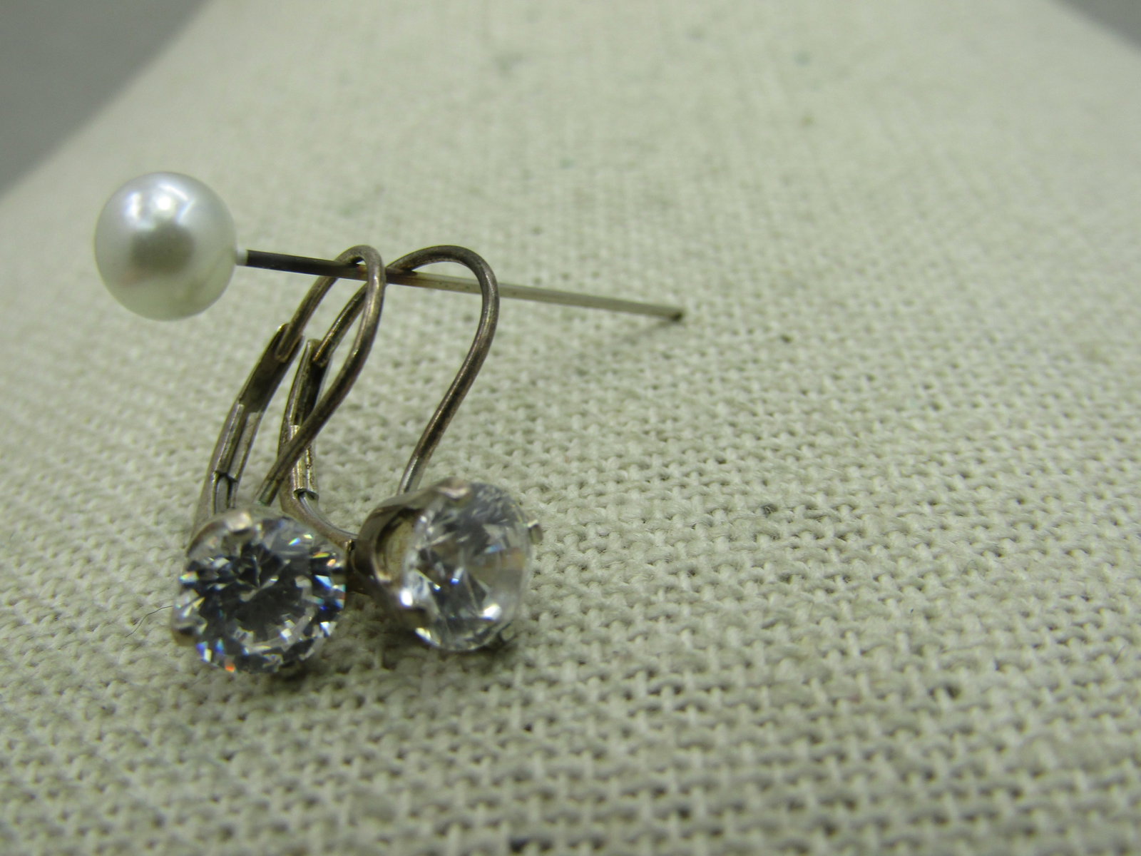 Vintage Sterling Silver CC Leverback Pierced Earrings, DQ CZ - 2