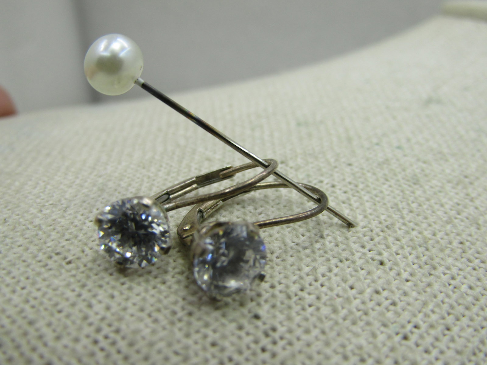 Vintage Sterling Silver CC Leverback Pierced Earrings, DQ CZ - 4