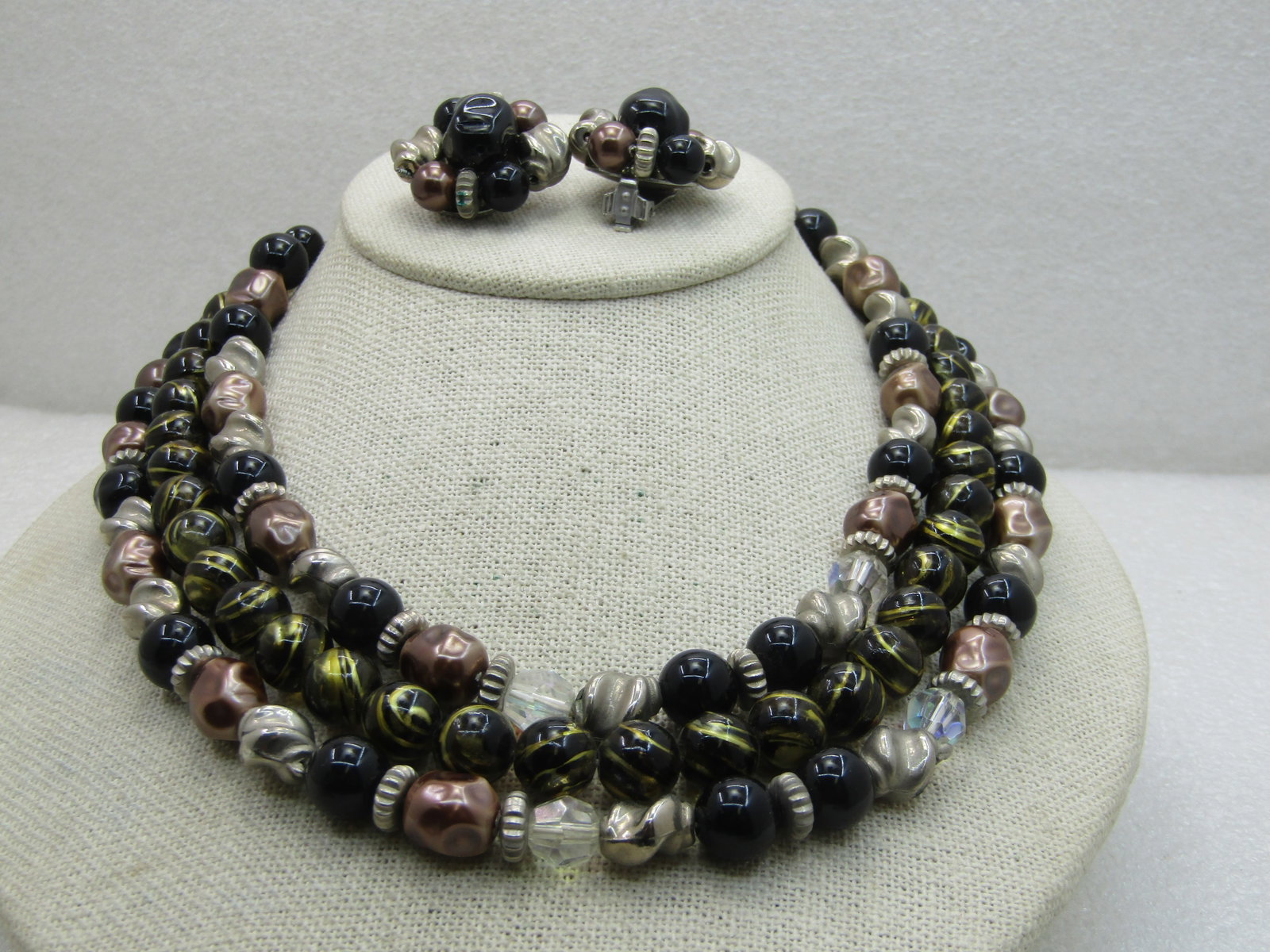 Vintage Black, Gold Beaded Multi-Strand Necklace Earrings Set, 17", 1950's-1960's - 2