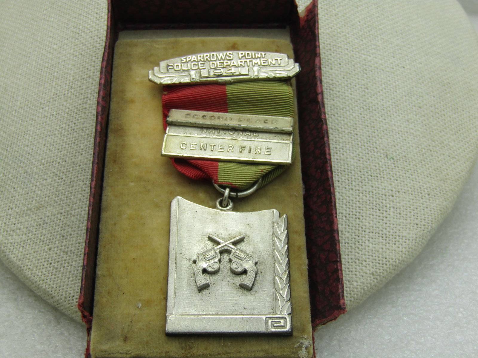 1941 Sterling Sparrows Point Police Shooting Medal with Ribbon, National Match Course, Centerfire: Title: 1941 Sterling Sparrows Point Police Shooting Medal with Ribbon, National Match Course, Centerfire Description: 1941 Sterling Sparrows Point Police Shooting Medal with Ribbon, National Match Cou
