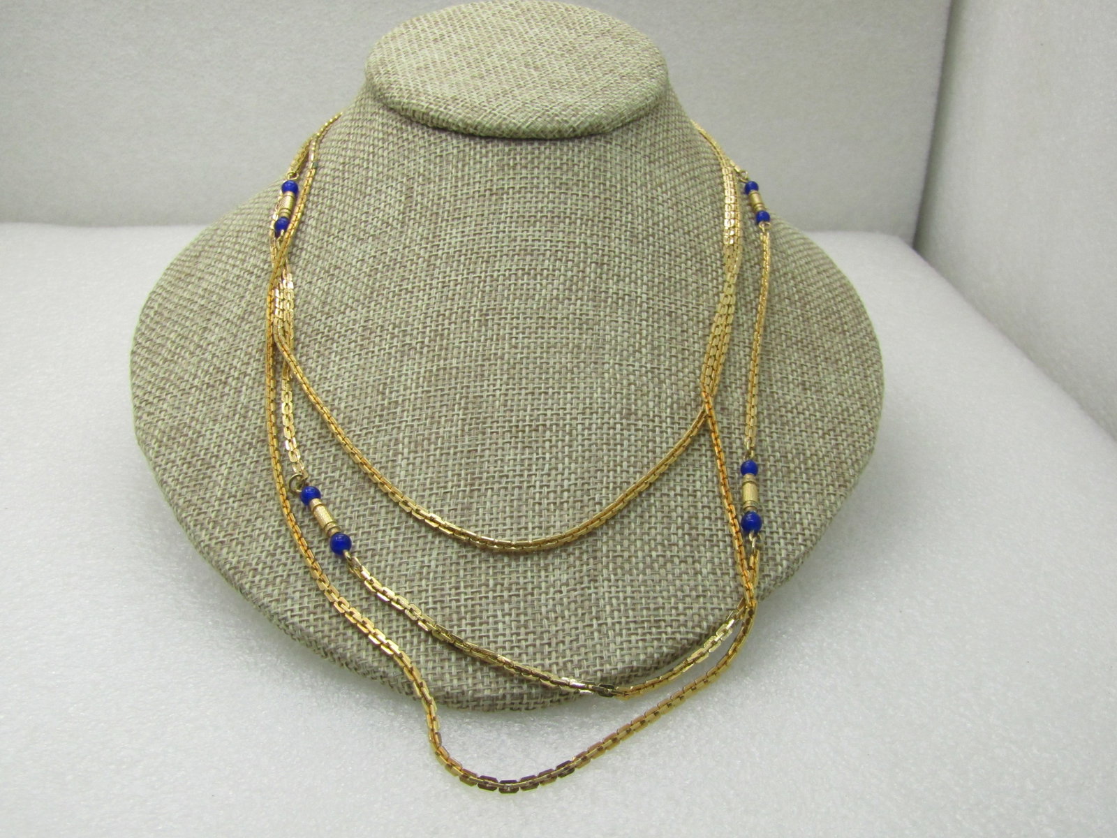 Vintage Triple Stand Navy Beaded Gold Tone Necklace, Sarah Coventry, 22", 24", 26", 1960's-1970's NL (1 of 5)