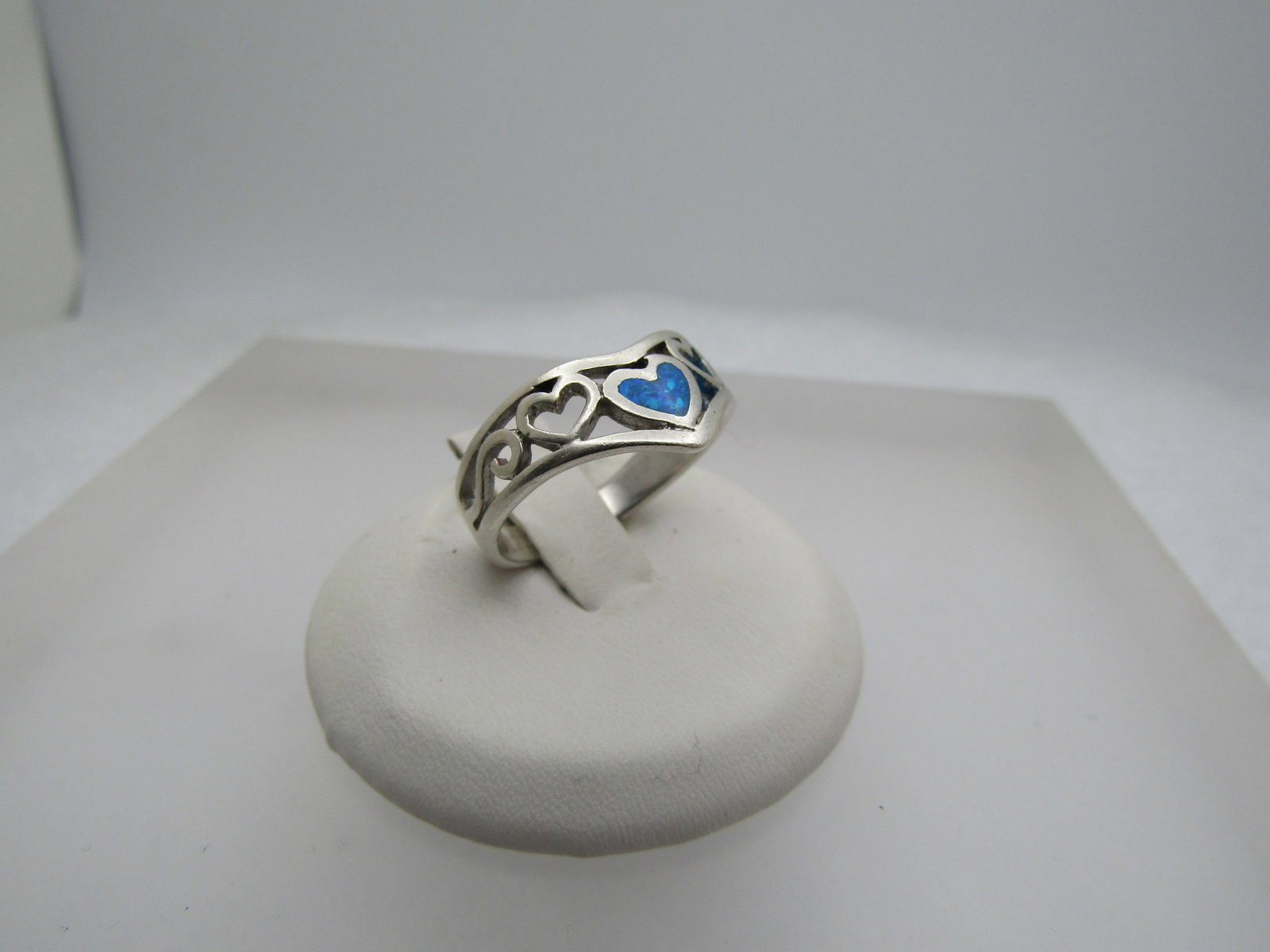 Vintage Sterling Faux Inlaid Opal Heart Ring, Sz. 7.25, 1970's-1980's Signed - 2