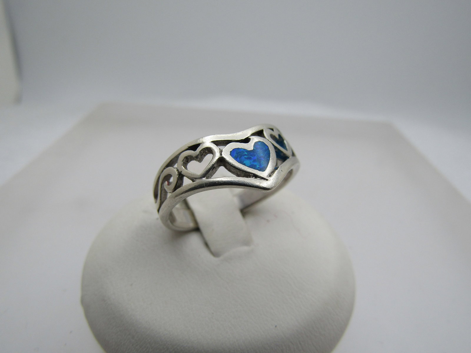 Vintage Sterling Faux Inlaid Opal Heart Ring, Sz. 7.25, 1970's-1980's Signed - 5
