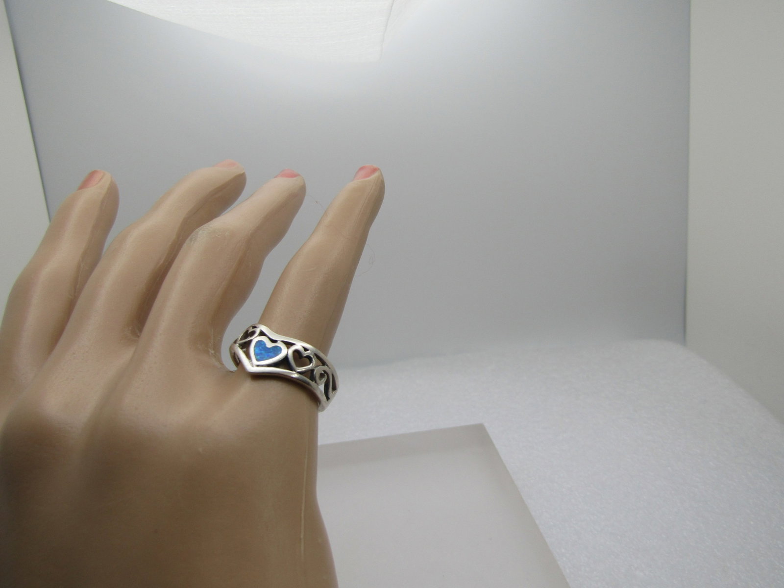 Vintage Sterling Faux Inlaid Opal Heart Ring, Sz. 7.25, 1970's-1980's Signed - 7