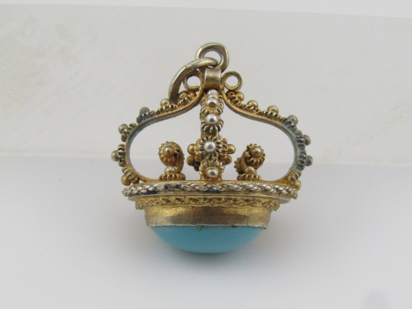 Vintage 10KT G.F. Crown Pendant/Watch Fob, Turquoise Glass, 1940's - 3