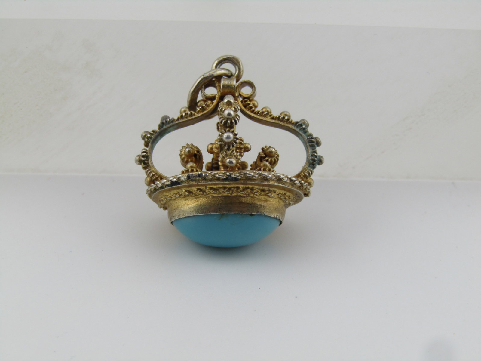 Vintage 10KT G.F. Crown Pendant/Watch Fob, Turquoise Glass, 1940's - 4