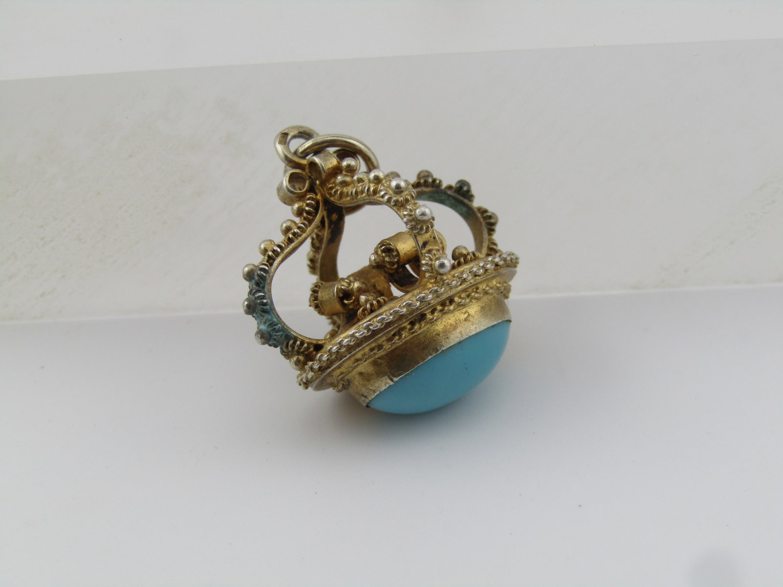 Vintage 10KT G.F. Crown Pendant/Watch Fob, Turquoise Glass, 1940's - 5