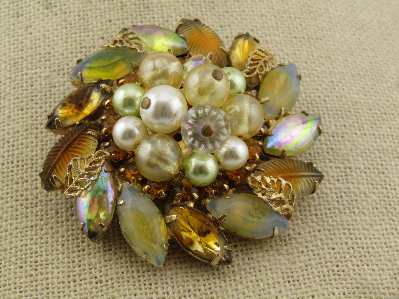Vintage Rhinestone Faux Pearl Blossom Brooch, 1940's - 3