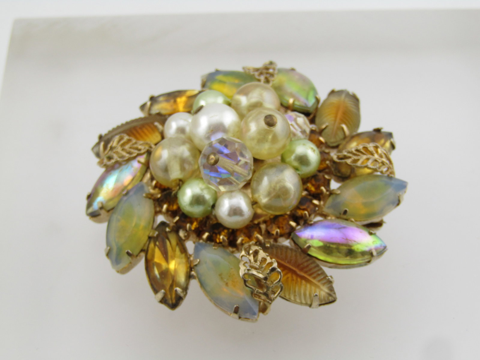 Vintage Rhinestone Faux Pearl Blossom Brooch, 1940's - 6