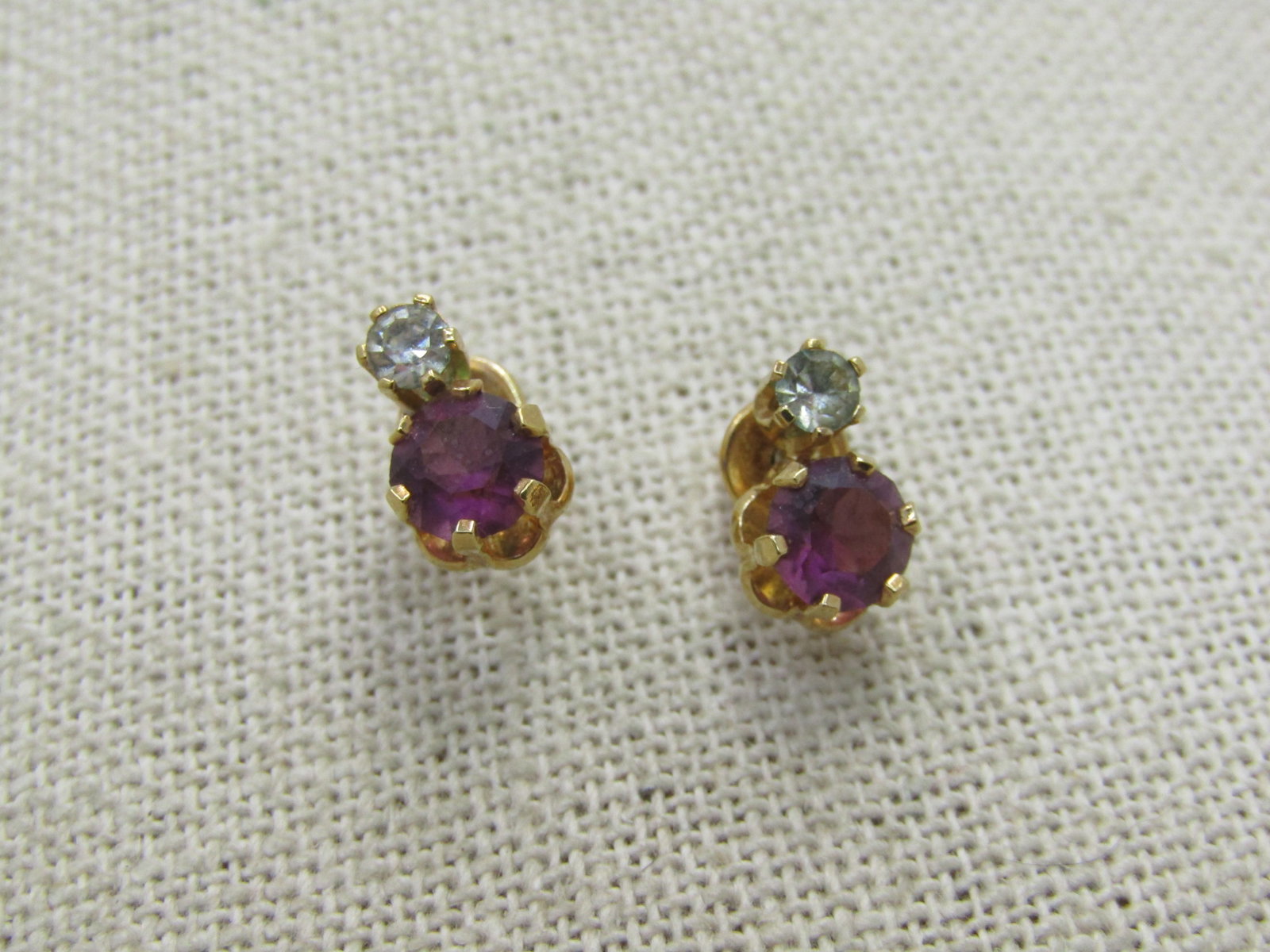 Vintage Purple Clear Rhinestone Earrings, Pierced, 1970's-1980's (1 of 5)