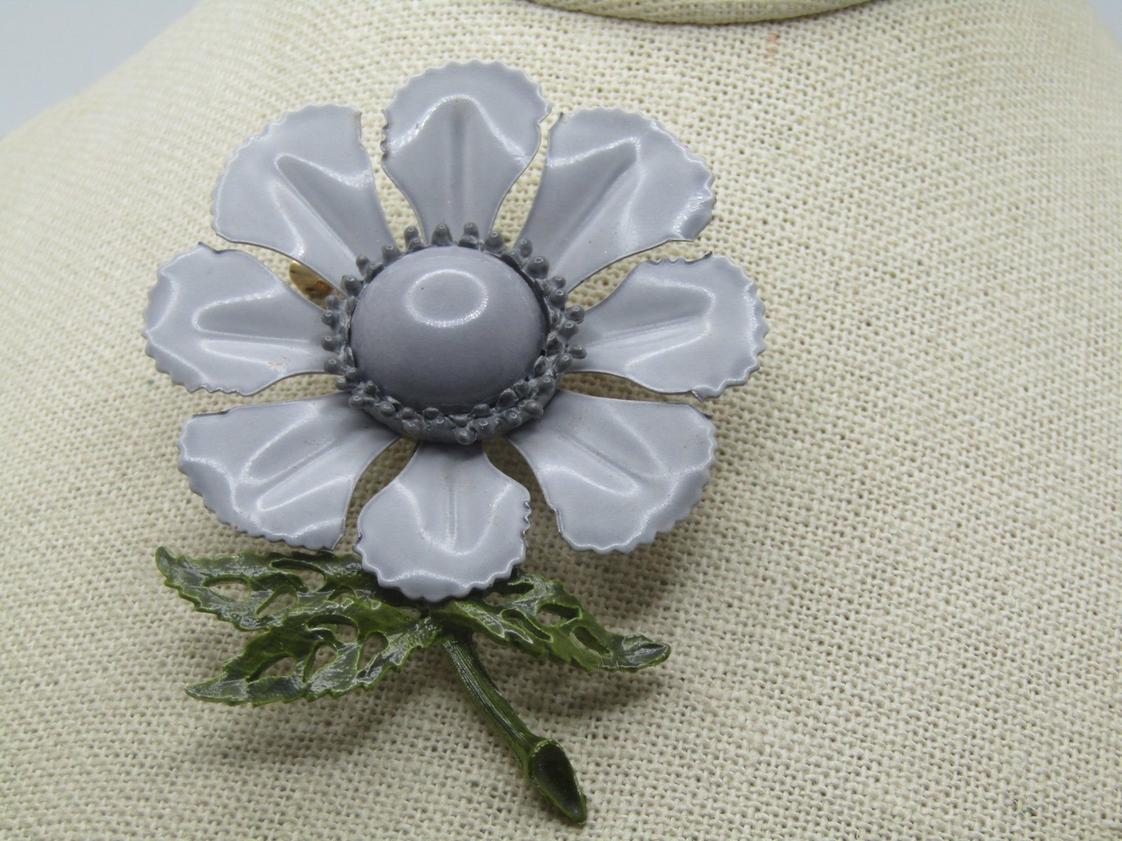 Vintage Enameled Gray & Green Flower Brooch, Stem & Blossom, 1960's: Title: Vintage Enameled Gray & Green Flower Brooch, Stem & Blossom, 1960's Description: Vintage Enameled Gray & Green Flower Brooch, Stem & Blossom, 1960's. It is unsigned. 3" tall and 2.5" wide. The
