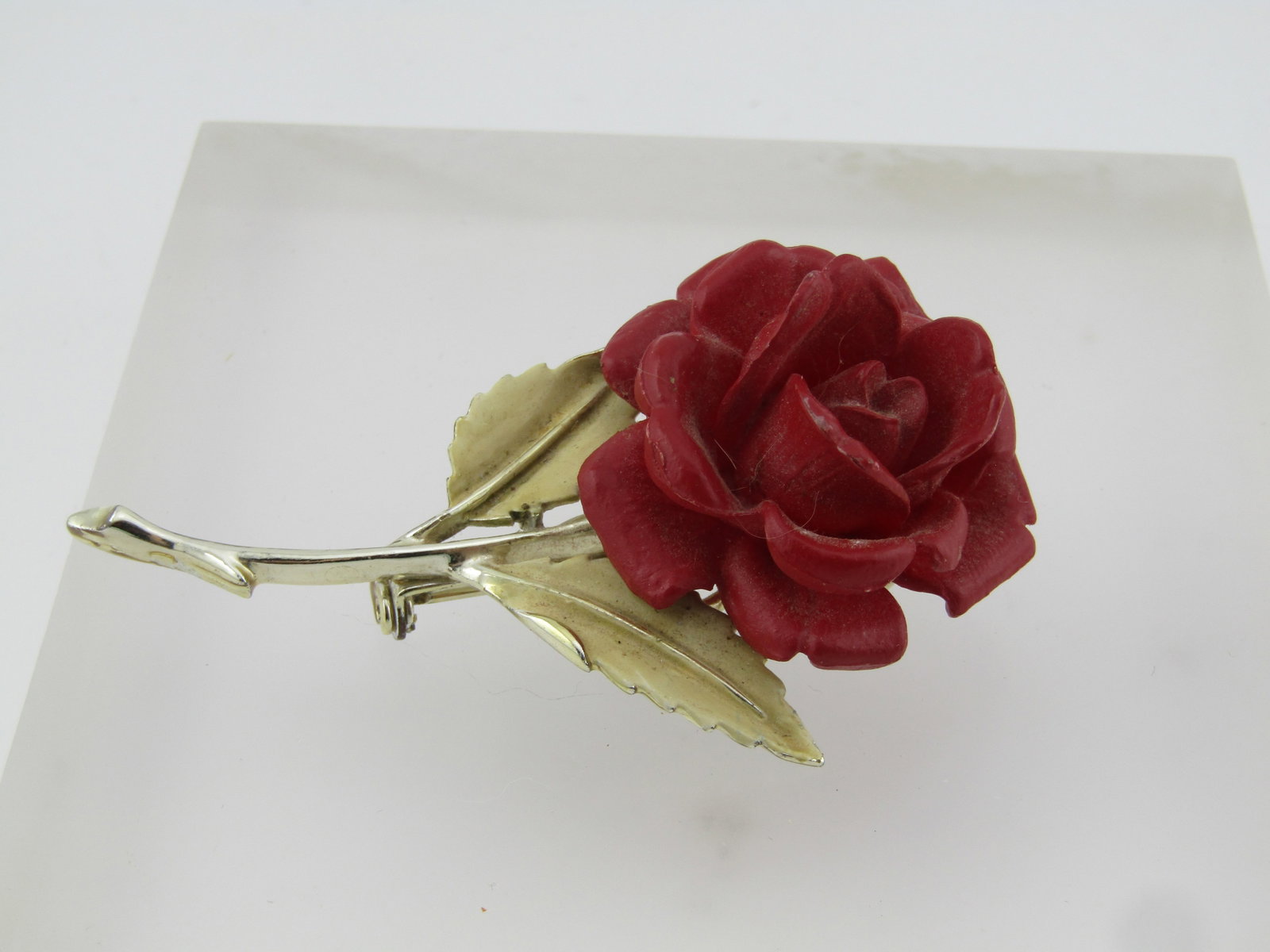 Vintage Red Rose & Enameled Floral Stem Brooch, 1950's-1960's - 4