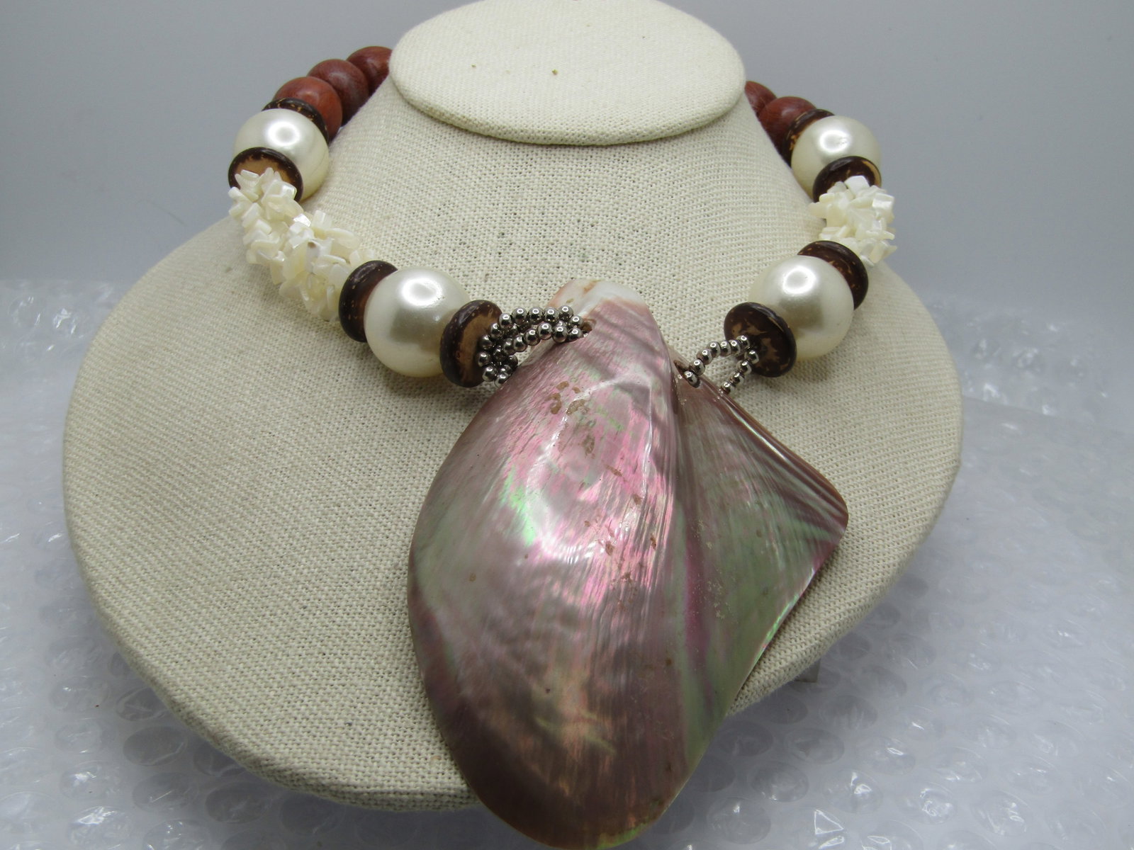 Vintage Large Shell Pendant Beaded Necklace, 20", 1980's - 2