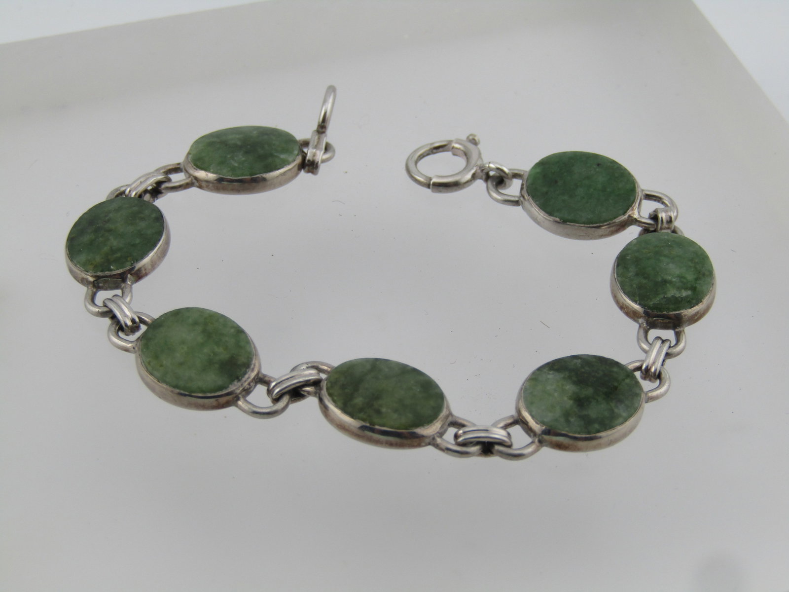 Vintage Sterling Green Agate Bracelet, Signed WRE, 6.75", 1960's - 2