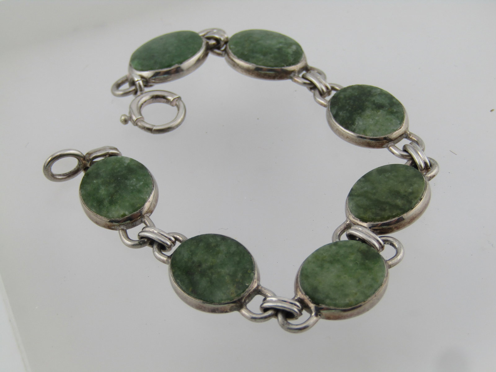 Vintage Sterling Green Agate Bracelet, Signed WRE, 6.75", 1960's - 3