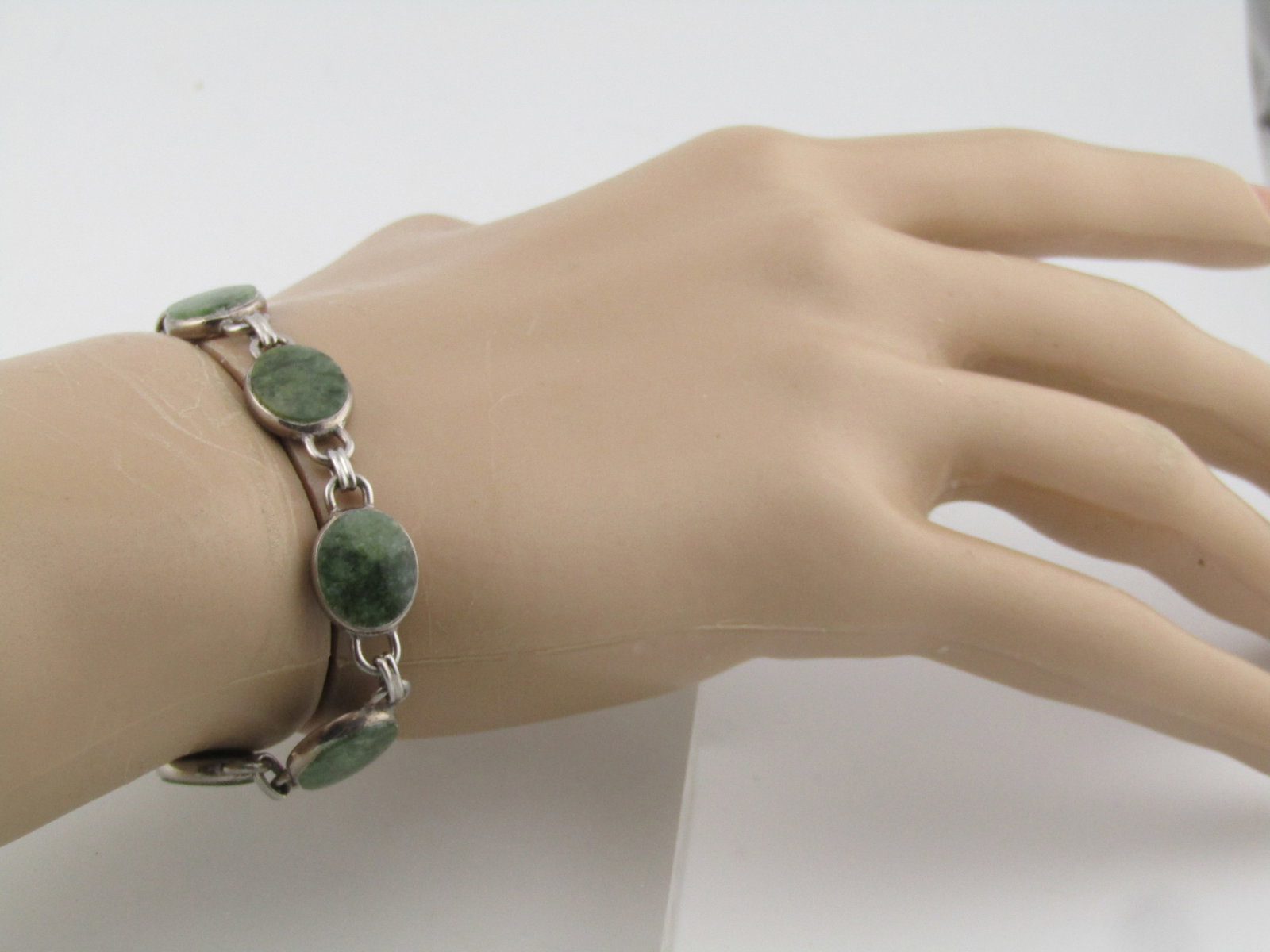 Vintage Sterling Green Agate Bracelet, Signed WRE, 6.75", 1960's - 6