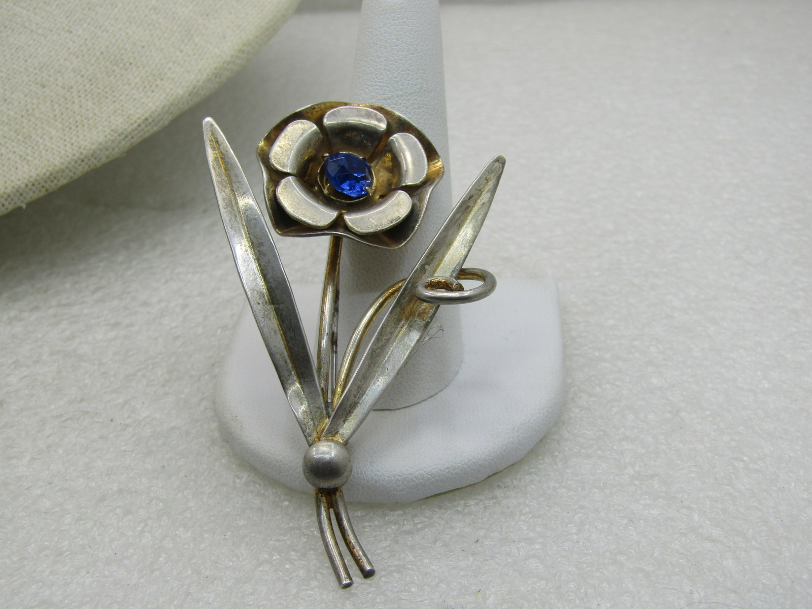 Vintage Sterling Floral Stem Brooch, Blue Rhienstone, Two-Tone, 2.75" (1 of 5)